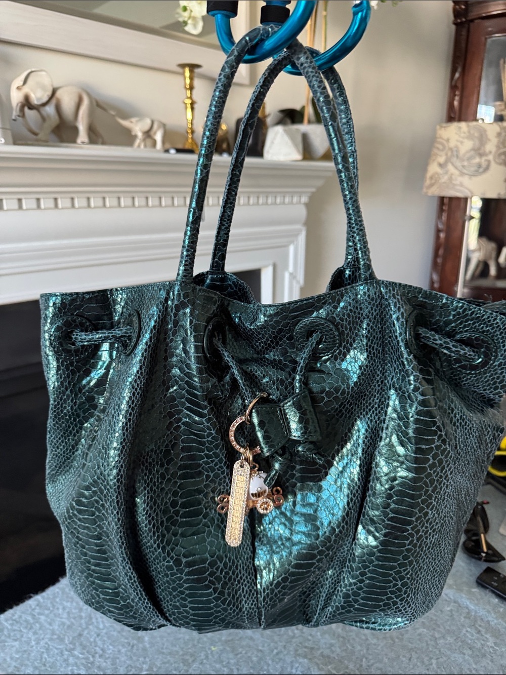 Rare and stunning Carlos Falchi Emerald Green Python Drawstring Tote.
